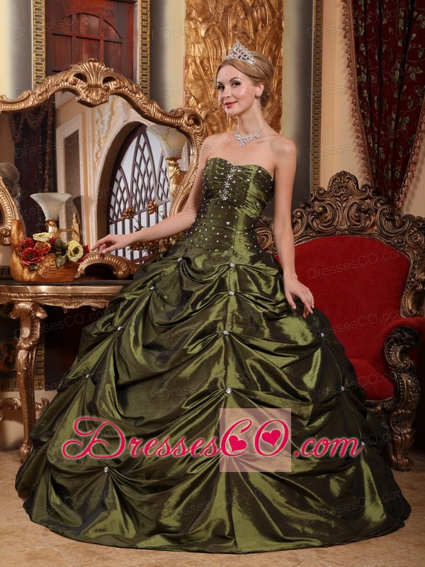 Olive Green Ball Gown Strapless Long Taffeta Beading Quinceanera Dress