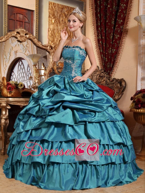 Teal Ball Gown Strapless Long Taffeta Appliques And Pick-ups Quinceanera Dress