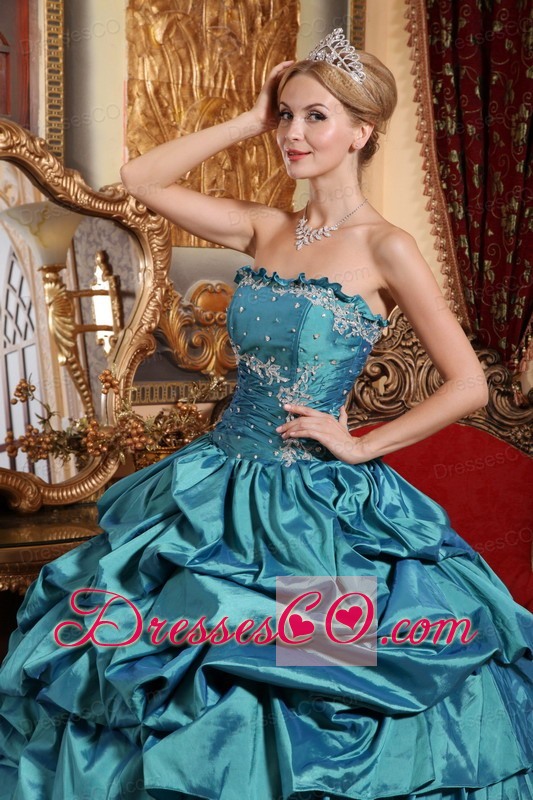 Teal Ball Gown Strapless Long Taffeta Appliques And Pick-ups Quinceanera Dress