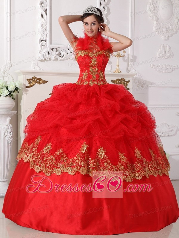 Red And Gold Ball Gown Halter Long Taffeta Beading And Appliques Quinceanera Dress
