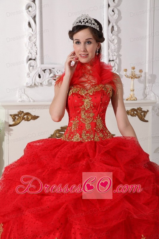 Red And Gold Ball Gown Halter Long Taffeta Beading And Appliques Quinceanera Dress