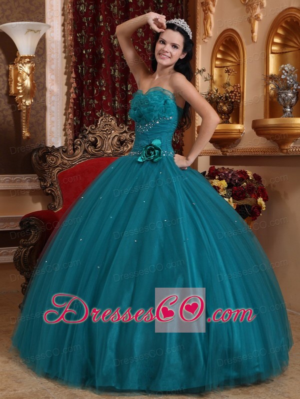 Teal Ball Gown Long Tulle Beading Quinceanera Dress