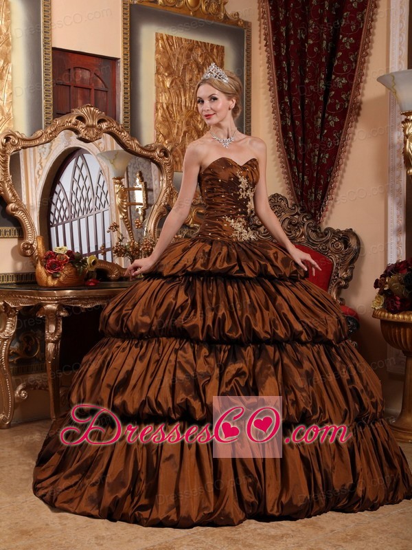 Brown Ball Gown Brush Train Taffeta Appliques and Pick-ups Quinceanera Dress