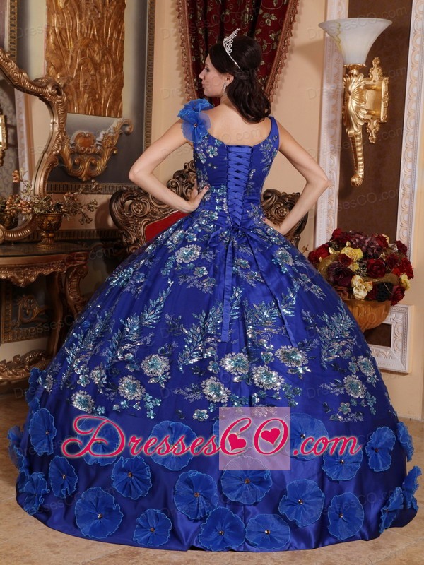 Blue Ball Gown V-neck Long Satin Beading And Appliques Quinceanera Dress