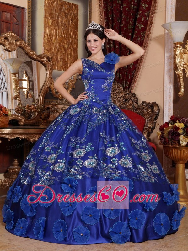 Blue Ball Gown V-neck Long Satin Beading And Appliques Quinceanera Dress