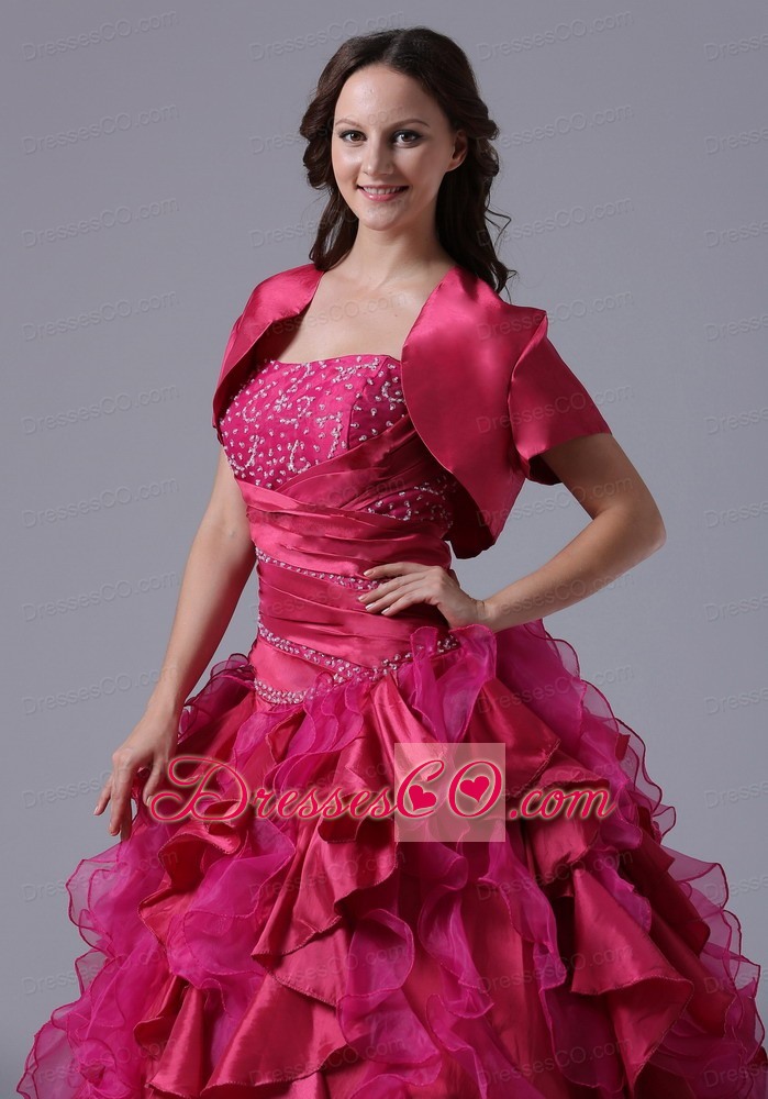 Ball Gown Fuchsia Ruffles Beaded Decorate Bust Quinceanera Dress With Ruching