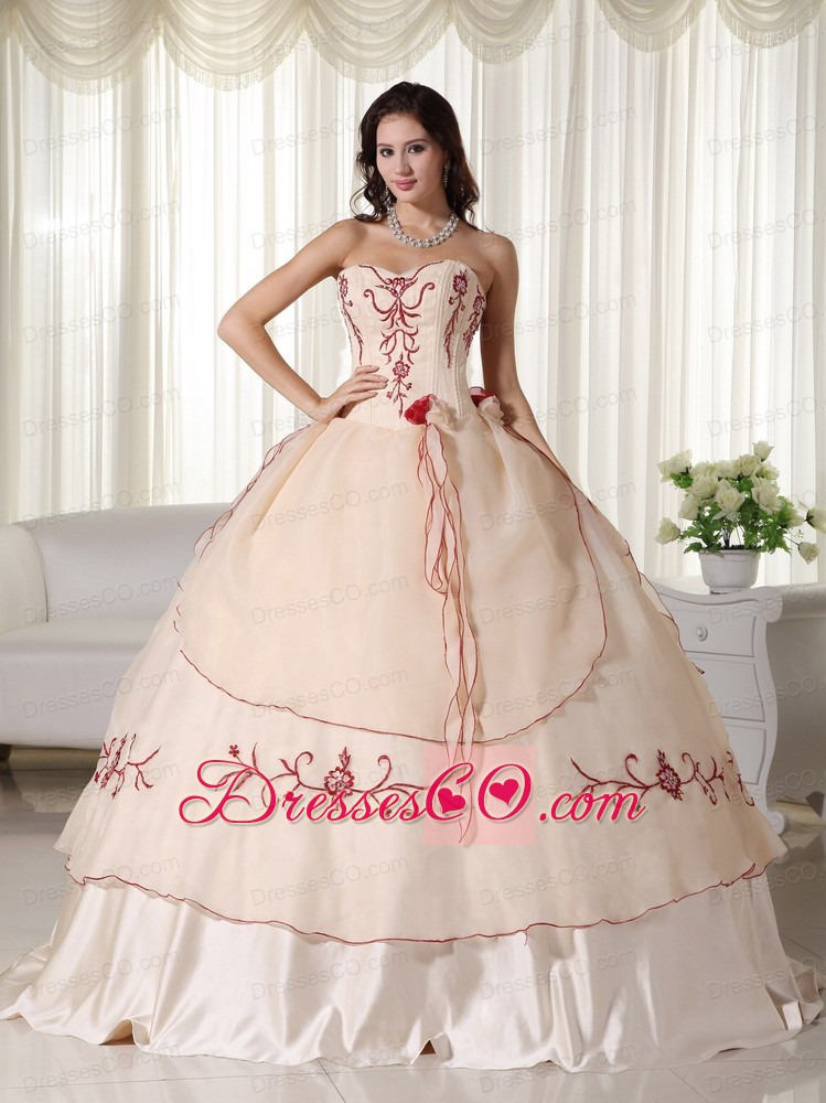 Champagne Ball Gown Long Organza Embroidery Quinceanera Dress