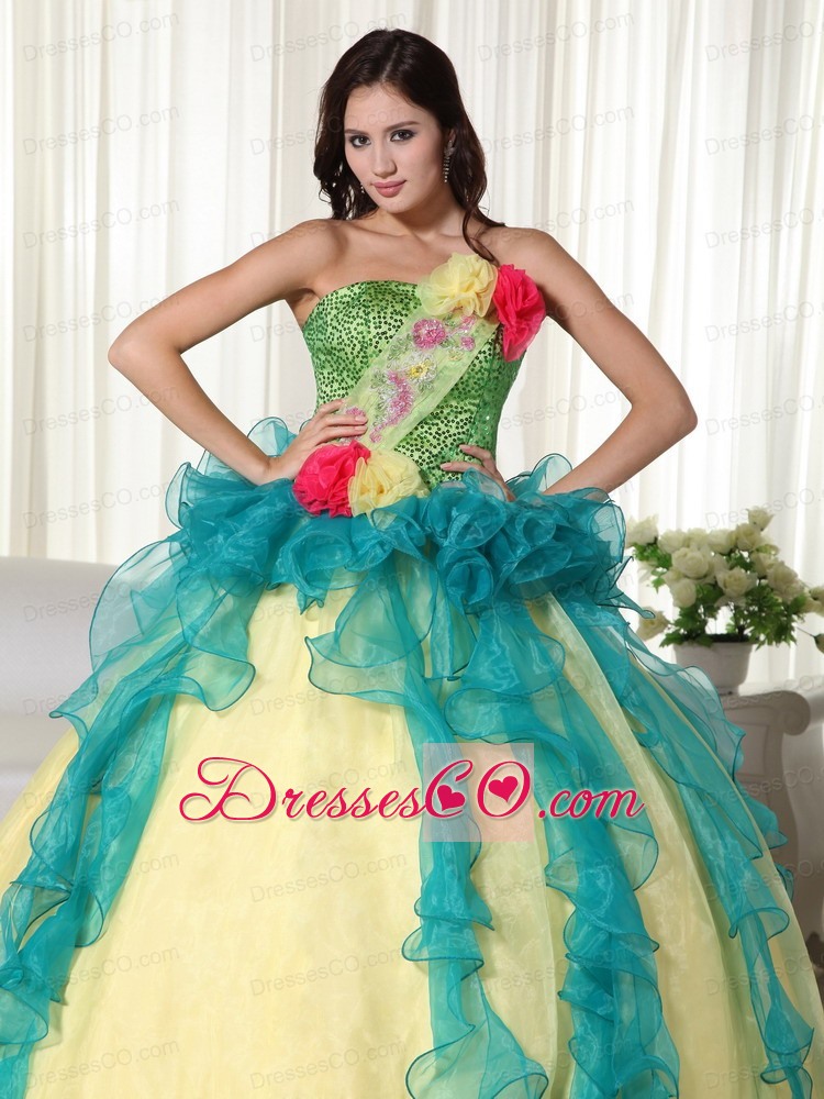 Teal And Yellow Ball Gown Strapless Long Organza Beading Quinceanera Dress
