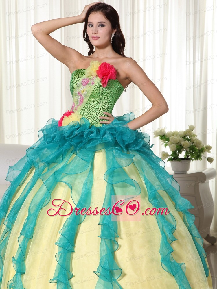 Teal And Yellow Ball Gown Strapless Long Organza Beading Quinceanera Dress