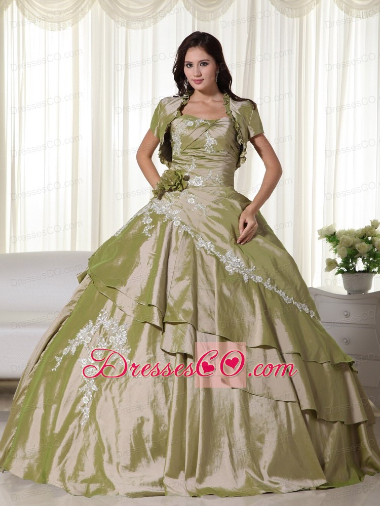Olive Green Ball Gown Strapless Long Taffeta Appliques Quinceanera Dress