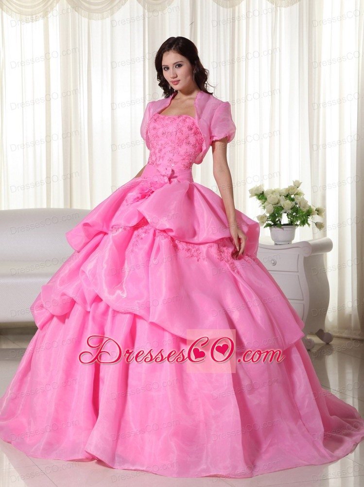 Rose Pink Ball Gown Strapless Long Organza Hand Flowers Quinceanera Dress