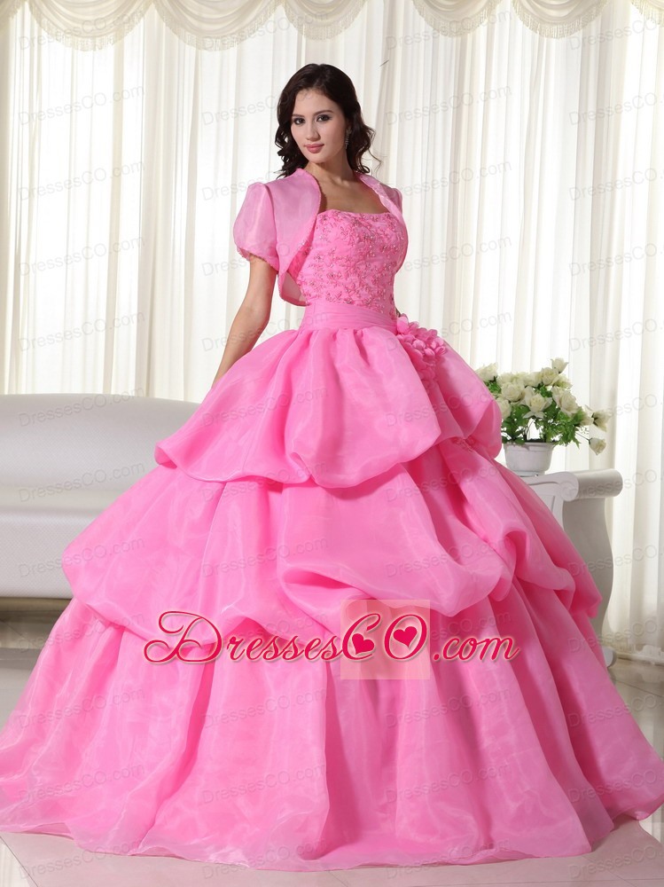 Rose Pink Ball Gown Strapless Long Organza Hand Flowers Quinceanera Dress