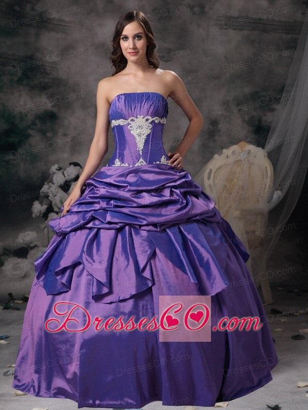 Purple Ball Gown Strapless Long Taffeta Appliques Prom / Evening Dress