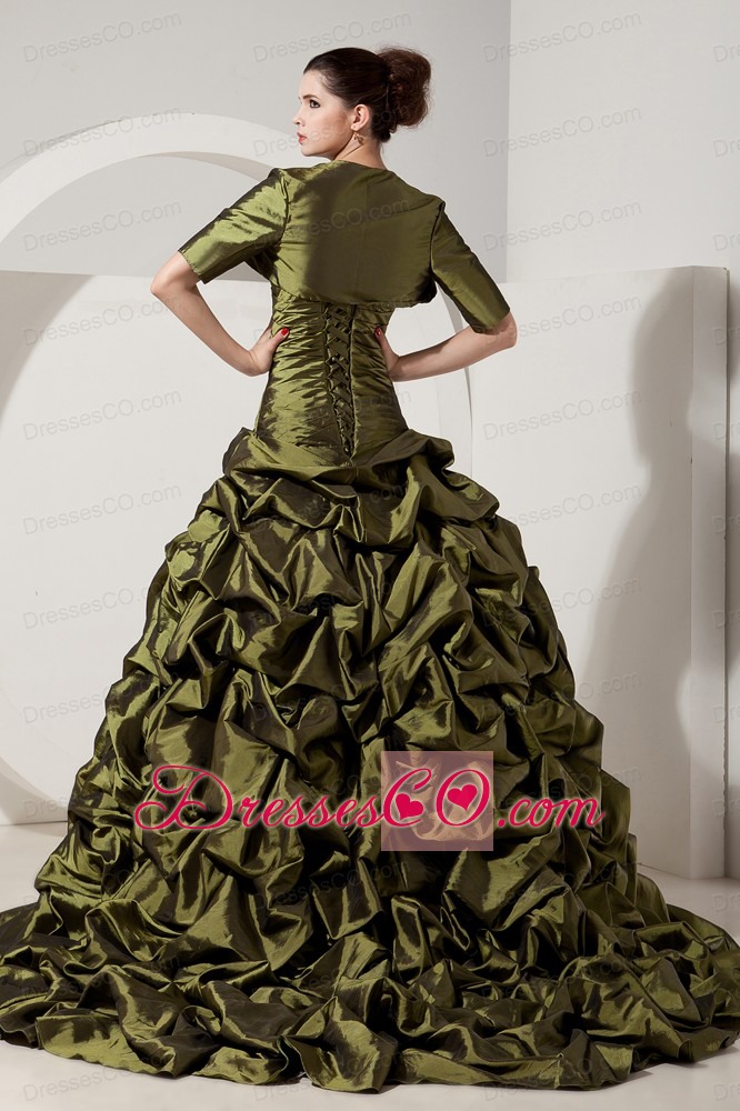 Olive Green A-line / Princess Long Taffeta Beading Quinceanera Dress