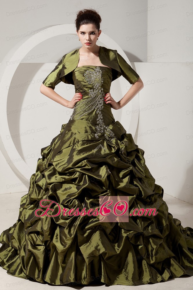Olive Green A-line / Princess Long Taffeta Beading Quinceanera Dress