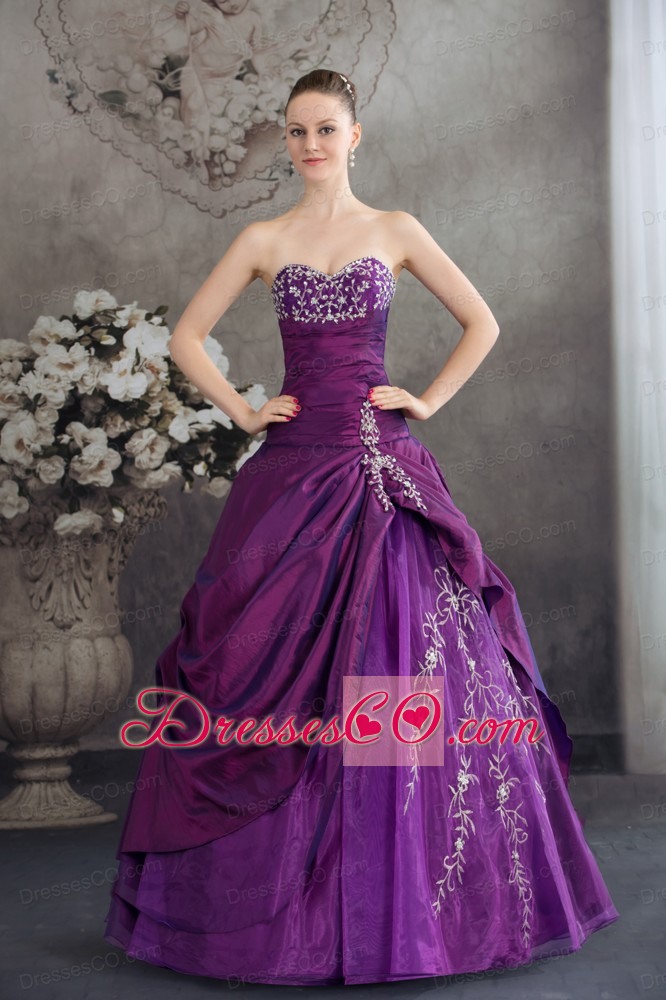 Purple Embroidery Long Beading Quinceanera Dress