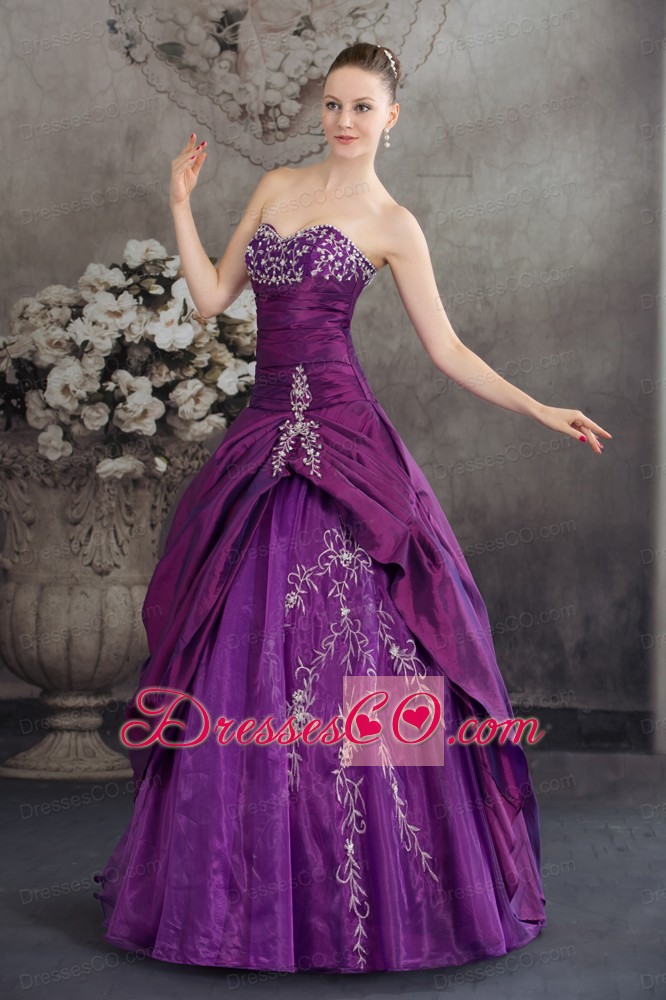 Purple Embroidery Long Beading Quinceanera Dress