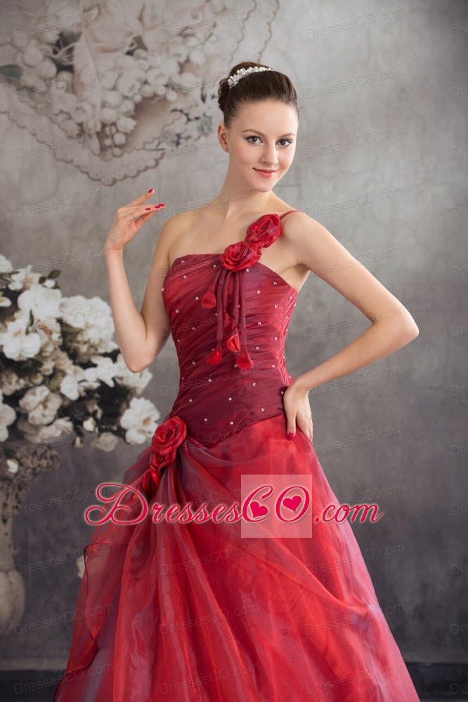 Red One Shoulder Hand Made Flowers A-line Prom Dress
