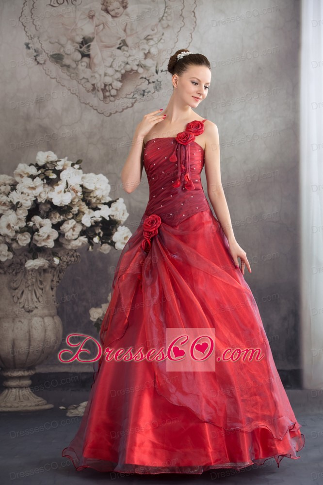 Red One Shoulder Hand Made Flowers A-line Prom Dress