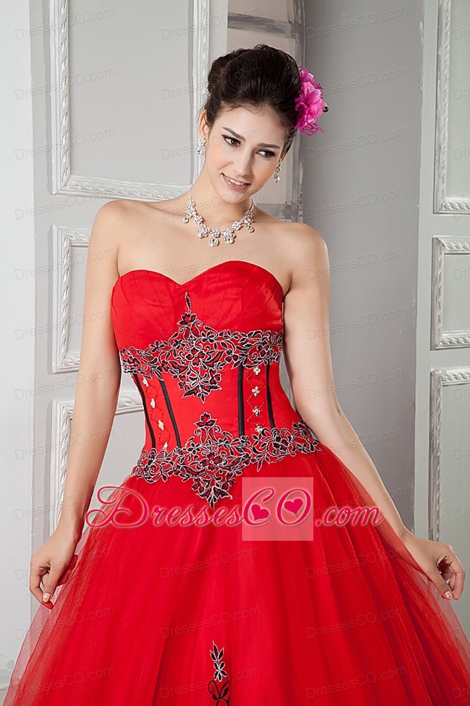Red Ball Gown Long Tulle Beading Quinceanera Dresss