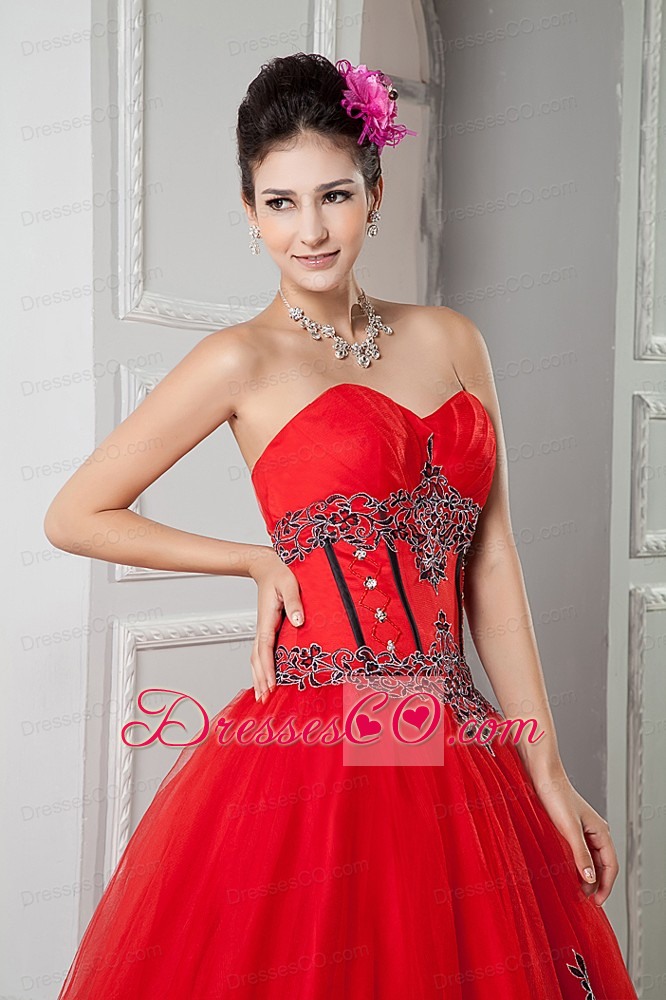 Red Ball Gown Long Tulle Beading Quinceanera Dresss