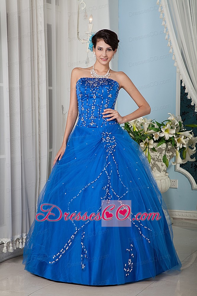 Blue A-line / Princess Strapsless Long Tulle Quinceanera Dress