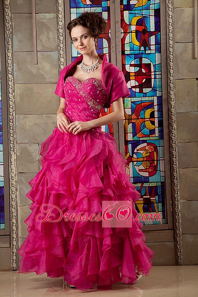 Hot Pink A-line Long Organza Beading Quinceanea Dress