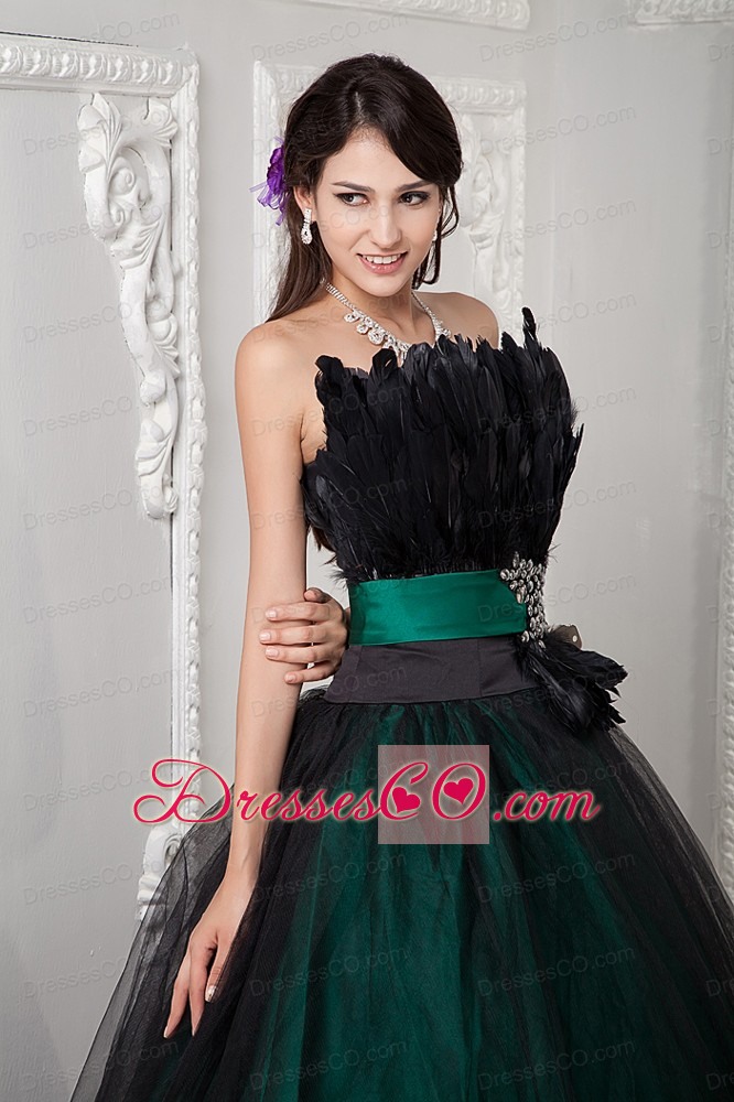 Black And Green Ball Gown Strapless Long Tulle Beading And Feather Quinceanera Dress
