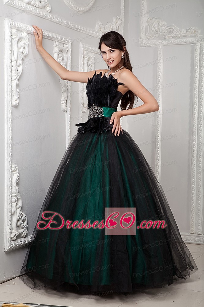 Black And Green Ball Gown Strapless Long Tulle Beading And Feather Quinceanera Dress