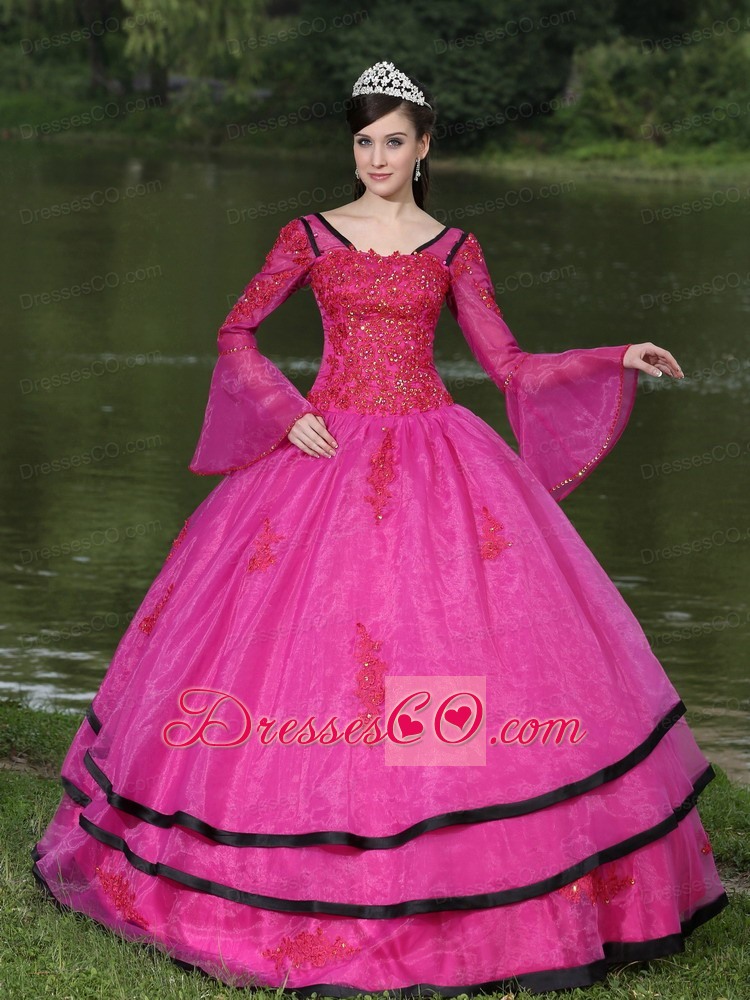 The Most Popular Long Sleeves Appliques Decorate Fuchsia Quinceanera Dress With V-neck