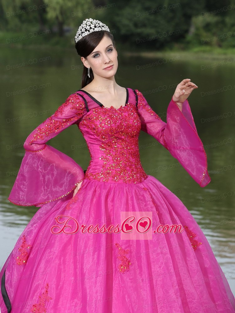The Most Popular Long Sleeves Appliques Decorate Fuchsia Quinceanera Dress With V-neck