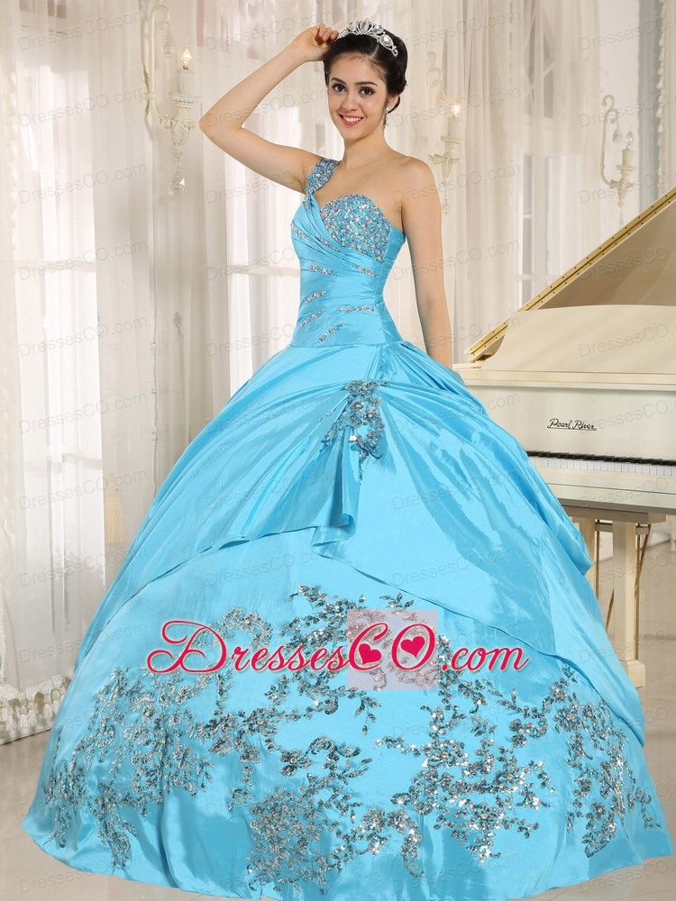 Aqua Blue Quinceanera Dress One Shoulder With Appliques and Beading 2013