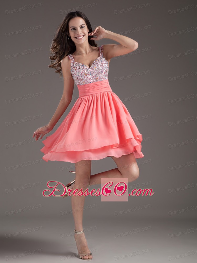 Perfect A-Line Straps Short Watermelon Prom Dress with Beading