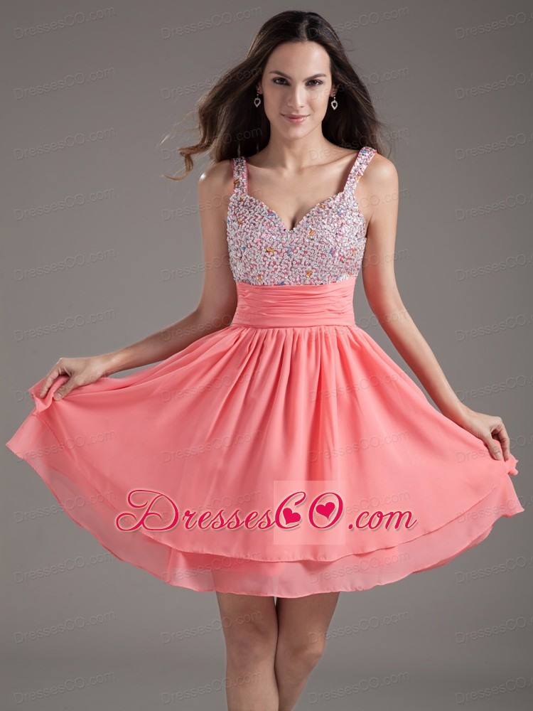 Perfect A-Line Straps Short Watermelon Prom Dress with Beading