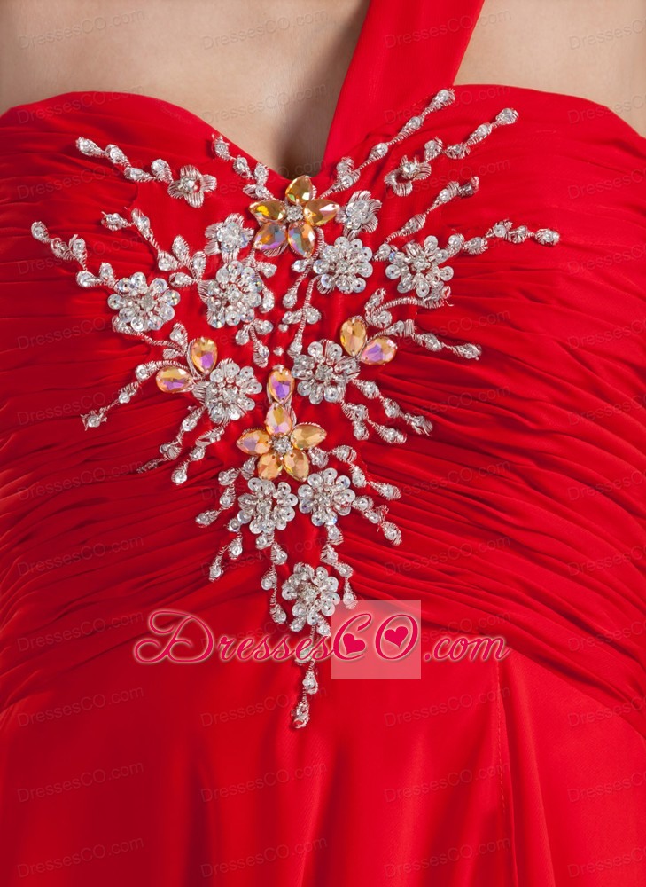 Red Empire One Shoulder Long Chiffon Beading Prom Dress 15207