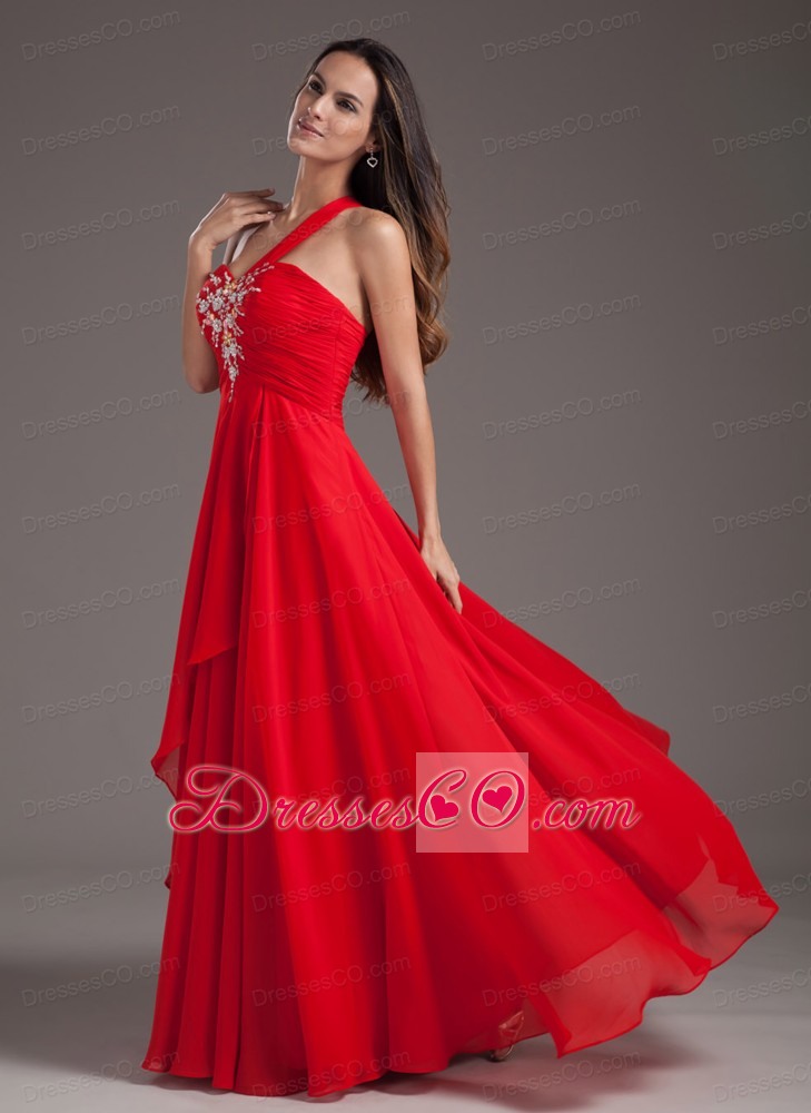 Red Empire One Shoulder Long Chiffon Beading Prom Dress 15207