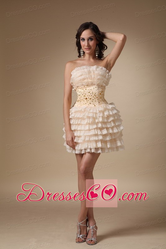 Champagne A-line Strapless Mini-length Organza Beading Cocktail Dress