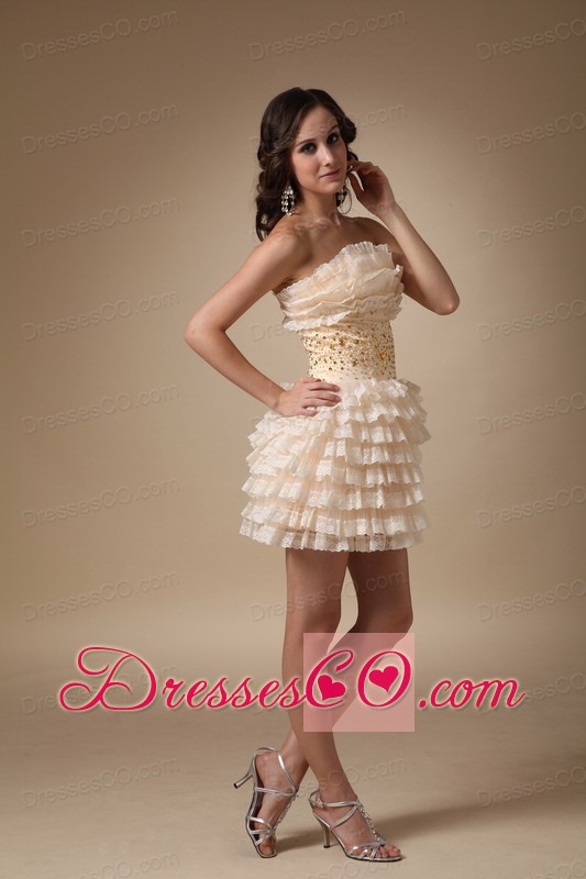 Champagne A-line Strapless Mini-length Organza Beading Cocktail Dress