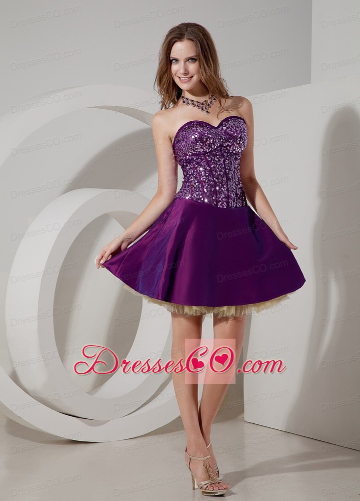Elegant Purple Cocktail Dress A-line Taffeta And Sequin And Tulle Mini-length