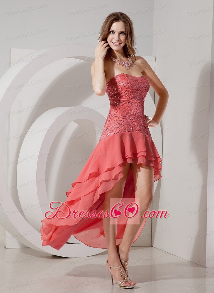 Discount Watermelon Red High-low Prom Dress Strapless Chiffon and Sequin