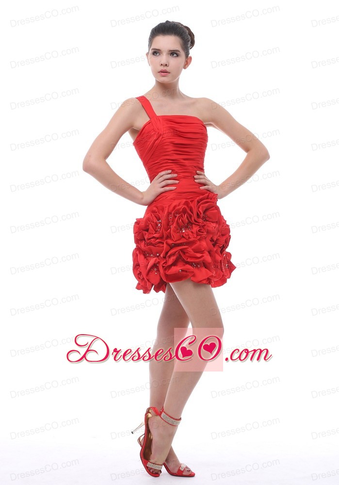 One Shoulder Hand Made Flowers With Beading Ruching Mini-length Red Prom / Cocktail Dress