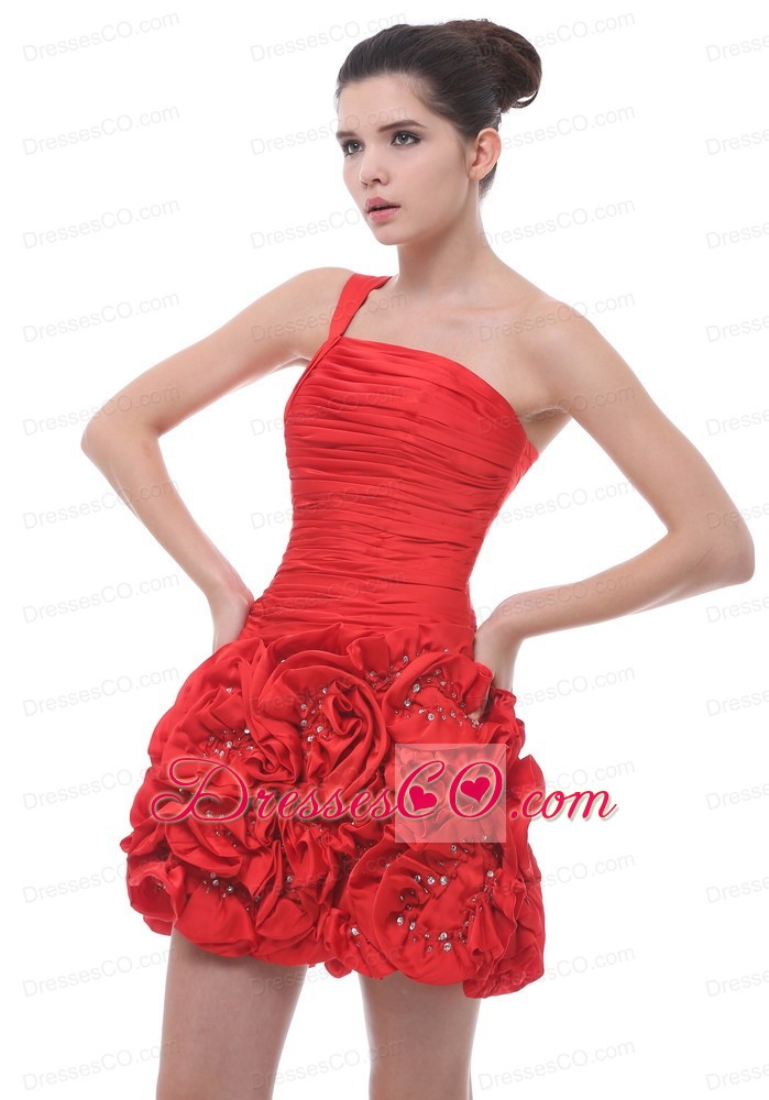 One Shoulder Hand Made Flowers With Beading Ruching Mini-length Red Prom / Cocktail Dress