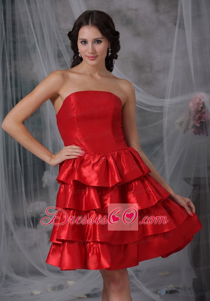 Red A-line Strapless Knee-length Ruffled Layers Taffeta Homecoming Dress