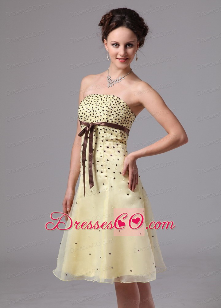 Light Yellow A-line Sash Knee-length Prom Dress For Prom Party