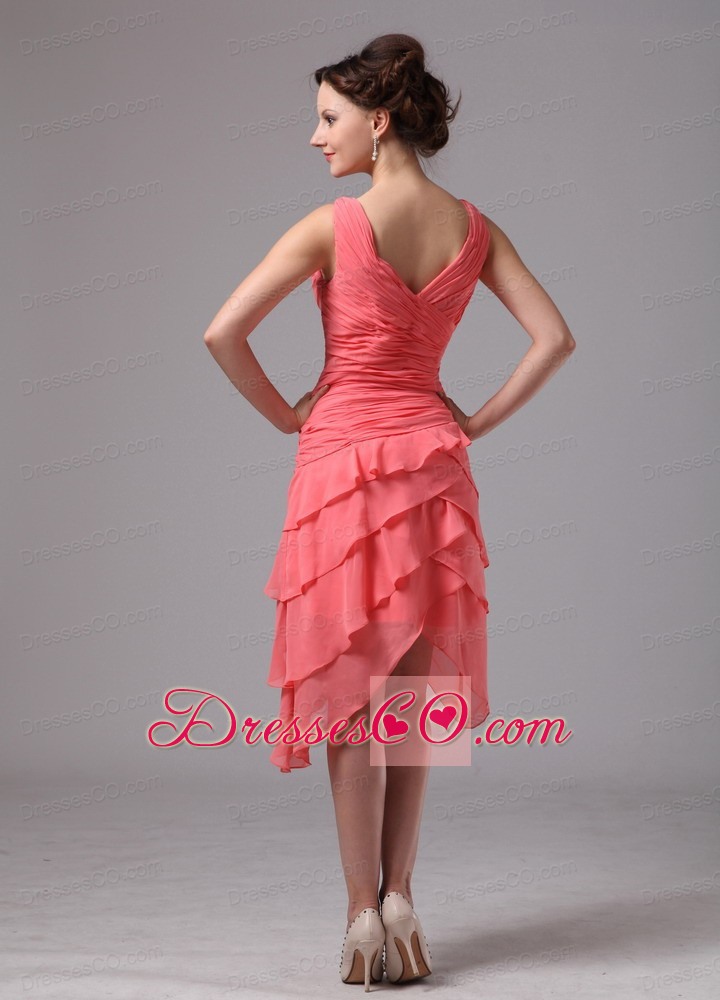 Ruching and Layers V-neck Chiffon Homecoming Dress For Custom Made Watermelon Red