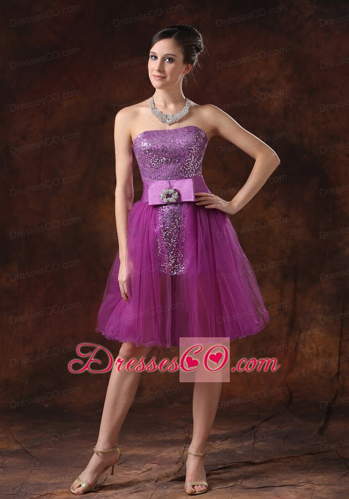 Paillette Over Skirt Strapless Column / Sheath Fuchsia Mini-length Prom Dress Sashes/ribbons