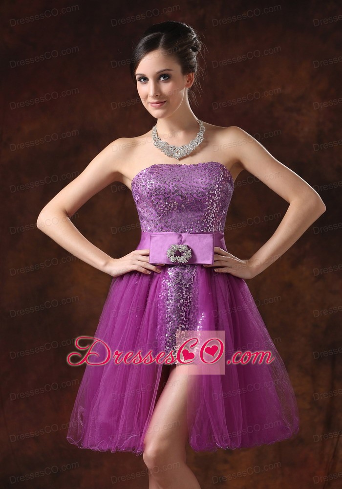 Paillette Over Skirt Strapless Column / Sheath Fuchsia Mini-length Prom Dress Sashes/ribbons
