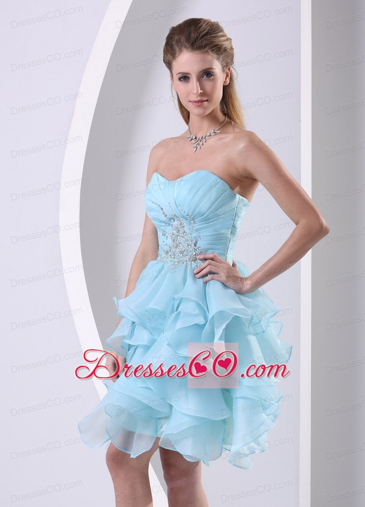 Stylish Aque Blue Ruffles Ruched Bodice and Beading Prom Cocktail Dress In 2013