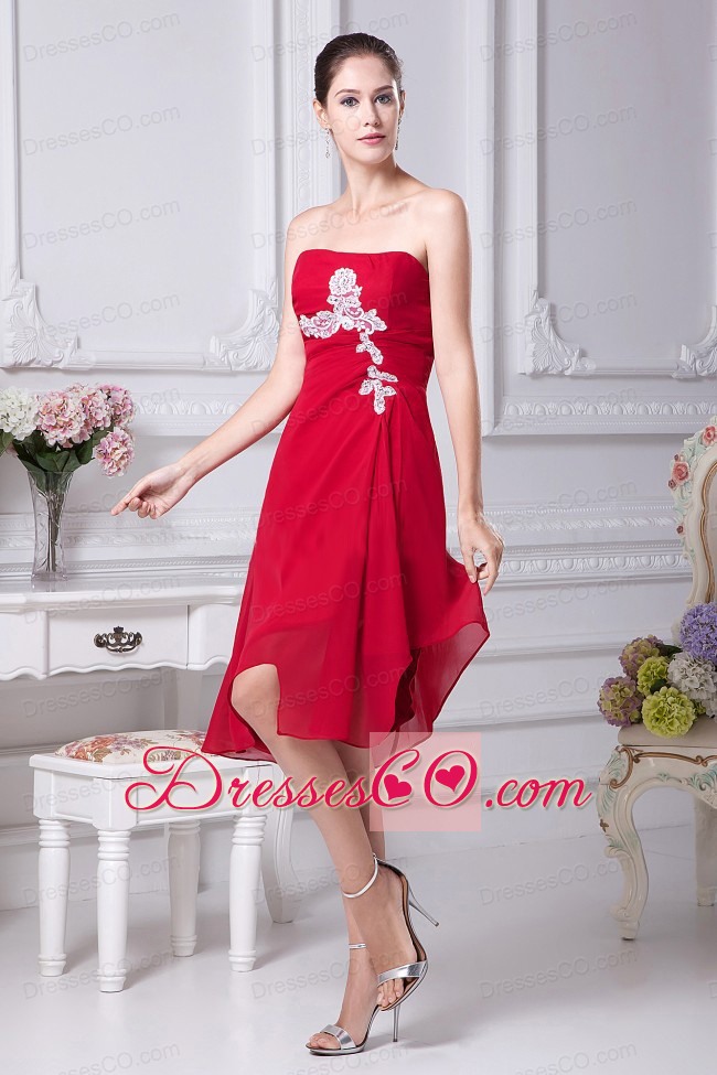 Appliques Decorate Bodice Strapless Chiffon Asymmetrical Wine Red Prom Dress