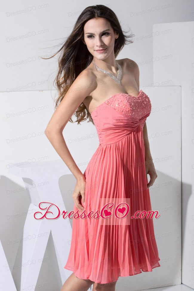 Beading And Pleat Decorate Bodice Knee-length Watermelon Red Prom / Homecoming Dress